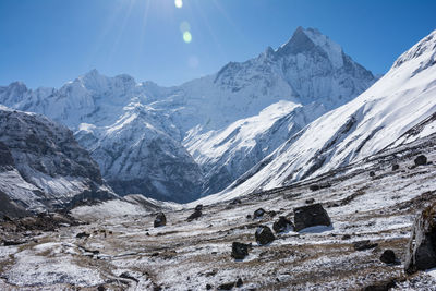 Scenic view of snowcapped mountains against sky