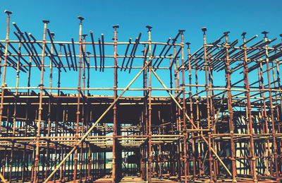 Low angle view of construction site against clear blue sky