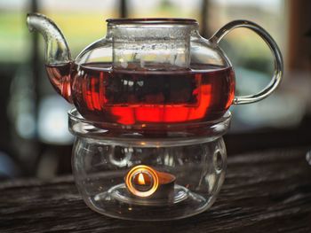 Close-up of tea in glass on table