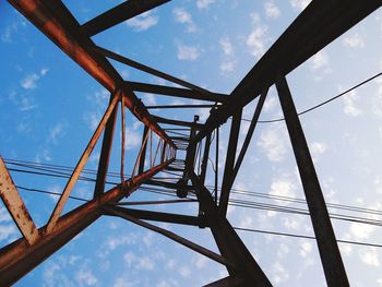 Low angle view of electricity pylon against sky