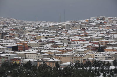 Aerial view of buildings in city against sky