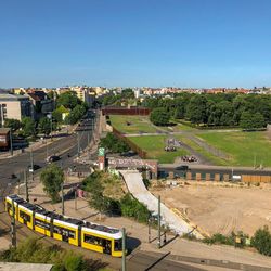 High angle view of city against clear sky