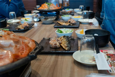 Close-up of food served on table