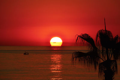 Silhouette palm tree by sea against romantic sky at sunset