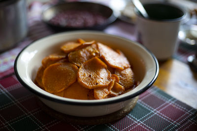 Close-up of soup in bowl on table