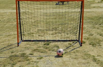 High angle view of soccer ball on field