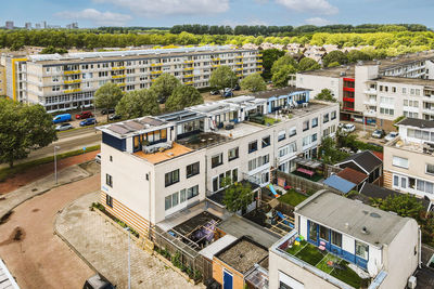 High angle view of buildings in city