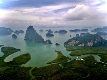 Panoramic view of sea and rocks against sky