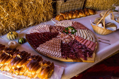 High angle view of wicker basket on table