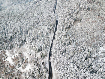 High angle view of snow covered land