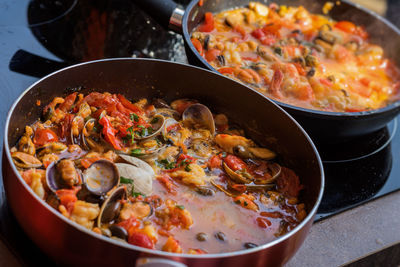 High angle view of food in cooking pan on table