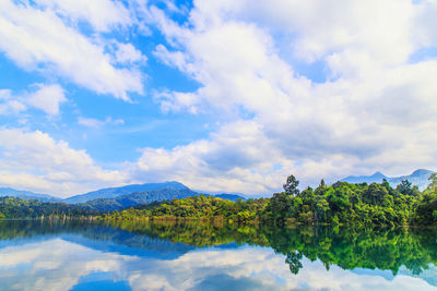 Scenic view of lake by trees against sky