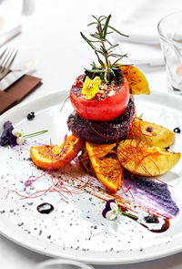 Close-up of food served on table