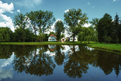 Reflection of trees in lake against sky