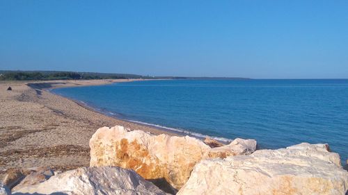 Scenic view of sea against clear blue sky