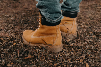 Low section of man wearing boots while standing on land