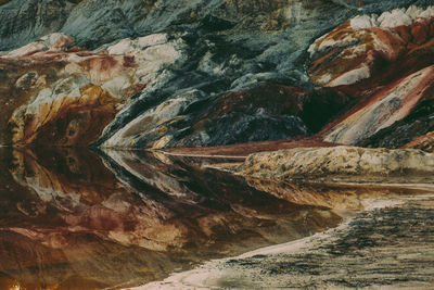 Rock formations in mountain.quarry and lake.