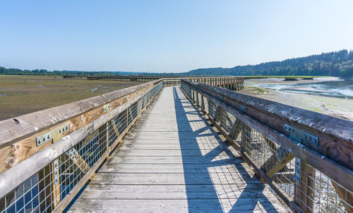 A view of the mud flats and boardwalk at the nisqually wetlands near olympia, washington.