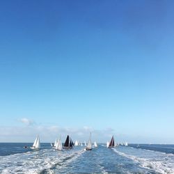 Sailboats sailing on sea against sky