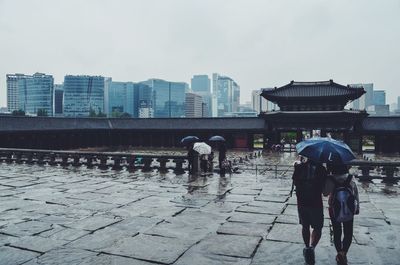 Rear view of men walking in city