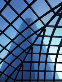 Low angle view of grid structure against blue sky