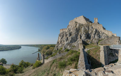 Scenic view of sea against clear blue sky