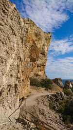 Low angle view of rock formations against sky