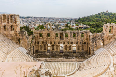 High angle view of old ruins against sky