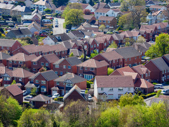 High angle view of houses and buildings in town