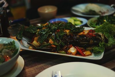 High angle view of meal served on table