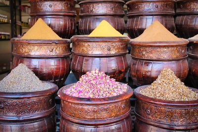 Oriental spices in old wooden jars, marrakech