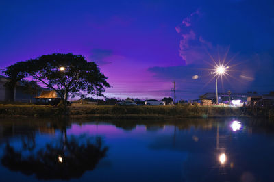 Illuminated trees by lake against sky at night