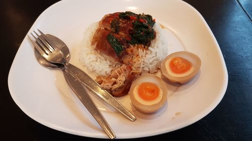 High angle view of breakfast served on table