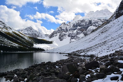Scenic view of lake by snowcapped mountains against sky