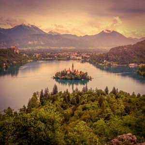 View on lake bled with island and mountain background