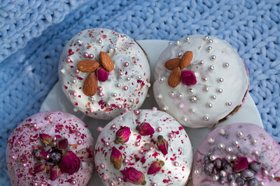 High angle view of dessert on table