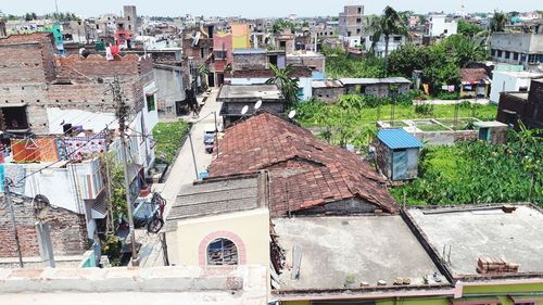 High angle view of old houses in city