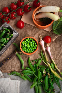 High angle view of vegetables on table