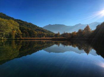 Scenic view of lake by trees against blue sky