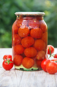 Close-up of fruits in glass on table