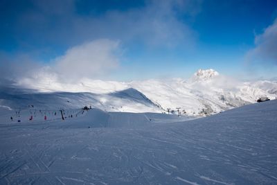 Scenic view of snowcapped mountains against sky