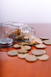 Savings concept letter with blue vintage clock and gold coins background.