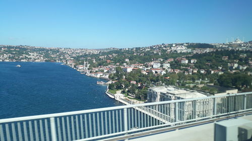 High angle view of townscape against clear blue sky