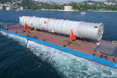 High angle view of ship sailing on sea