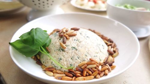 High angle view of breakfast served in plate on table