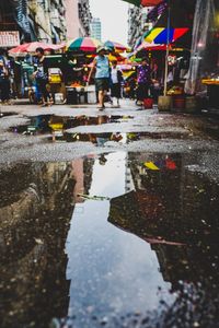 Reflection of buildings in puddle on wet street