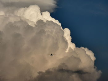 Low angle view of silhouette airplane flying in sky