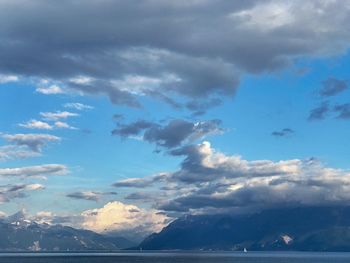 Low angle view of sea against cloudy sky