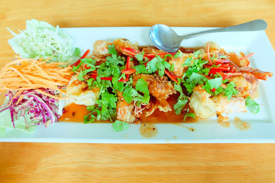 High angle view of meal served on table