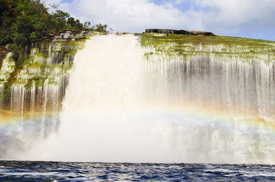 Scenic view of waterfall against sky